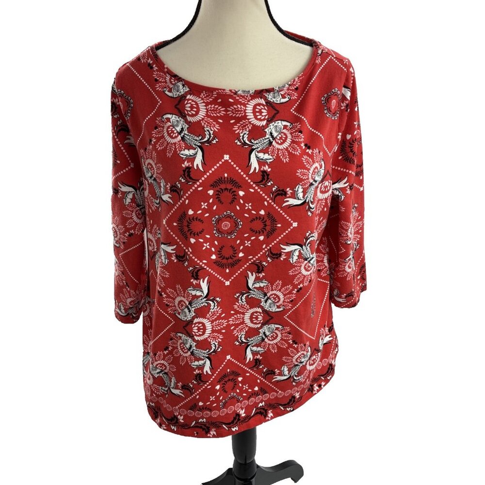 Talbots Top Womens 1X Red Floral Bird Print 3/4 Sleeve Scoop Neck Casual Blouse